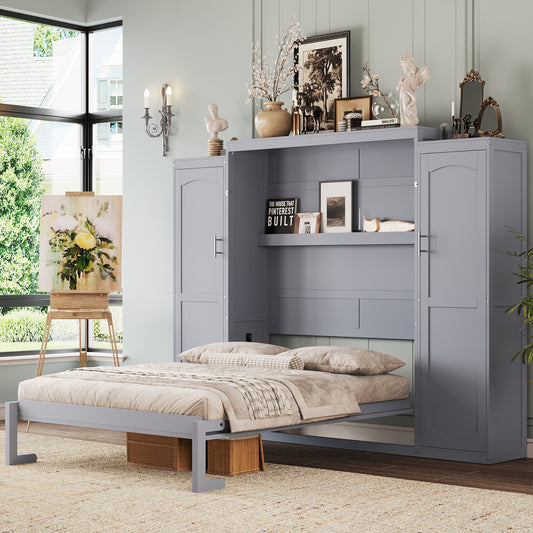 Full Size Murphy Bed with Wardrobe & Storage Shelf in Gray - Space-Saving Wooden Platform Bed