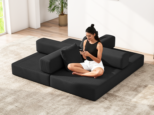 Folding Sofa Bed Convertible Corduroy Couch King Size Floor Sleeper 4-in-1 DIY Combination Sofabed Fold Out Futon Lounge Comfy Foldable Couches for Living Room