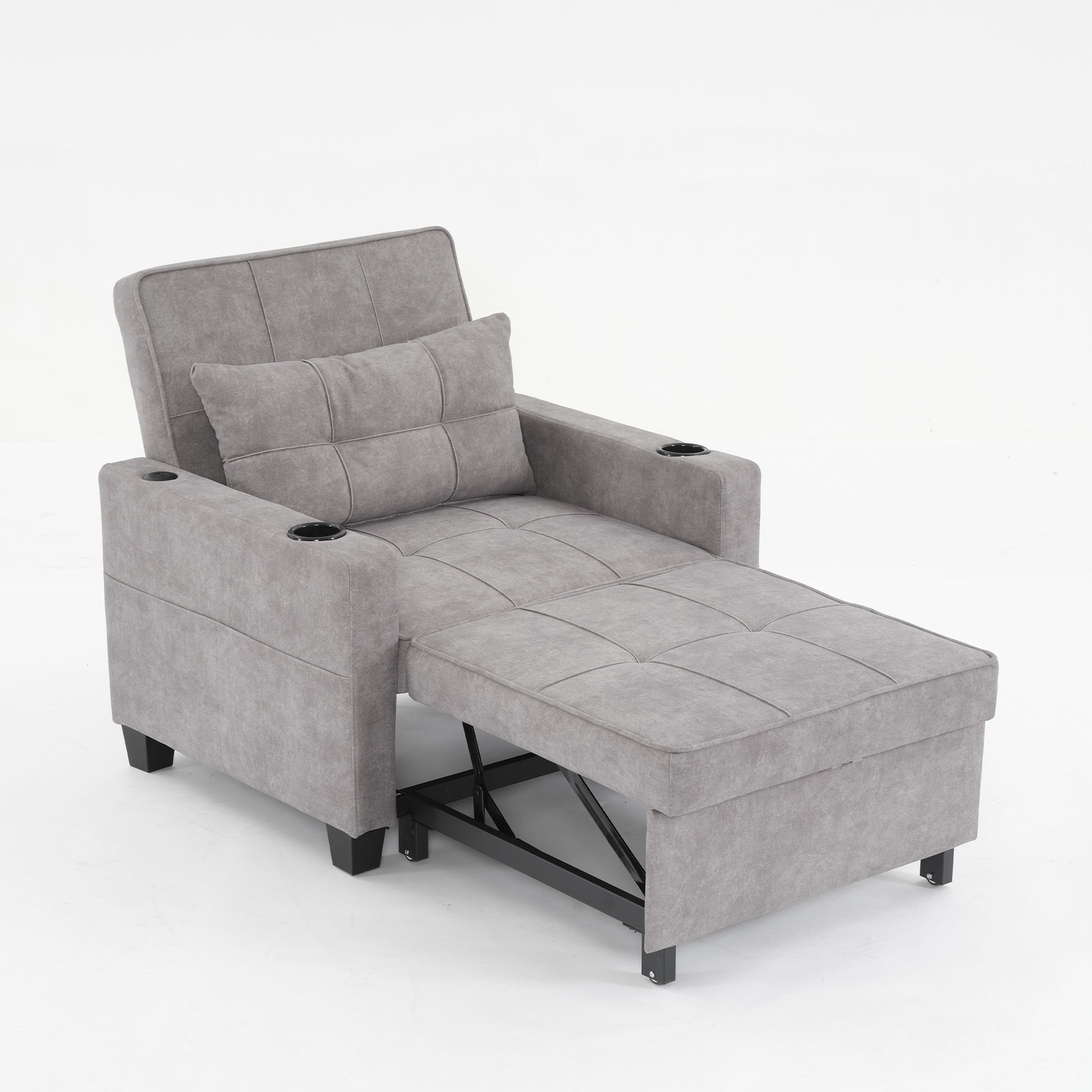3-in-1 Convertible Futon Chair Bed with USB Ports - Light Grey