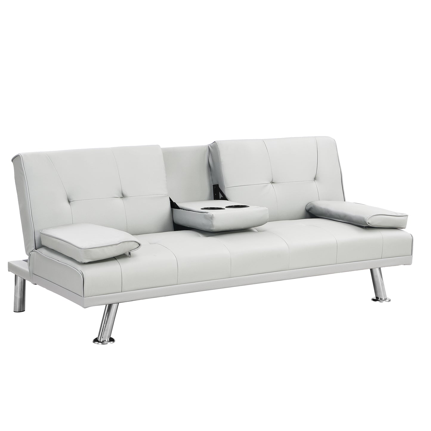 Modern Convertible Sofa Bed with Armrests and Cup Holders - White PVC Upholstery