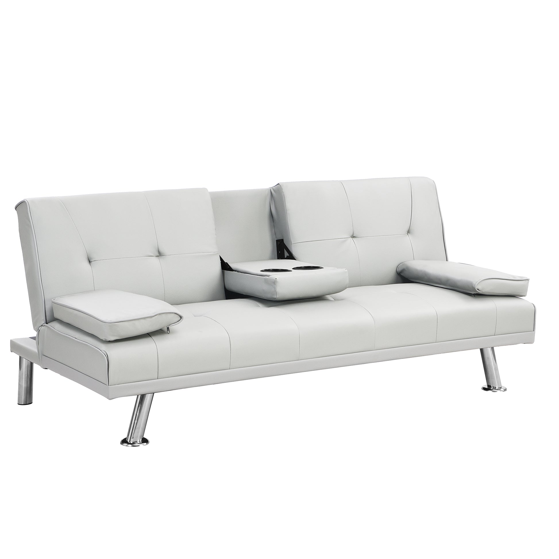 Modern Convertible Sofa Bed with Armrests and Cup Holders - White PVC Upholstery