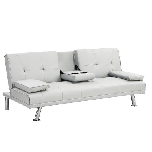 Modern Convertible Sofa Bed with Armrests and Cup Holders - White PVC Upholstery