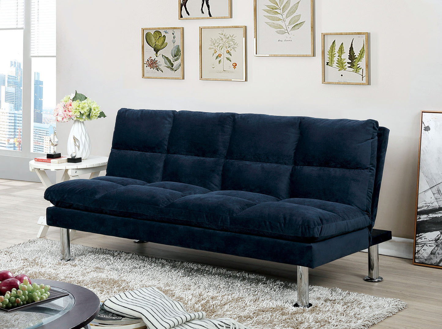 Contemporary Navy Futon Bed with Extra Support Leg – Space-Saving Microfabric Convertible Design