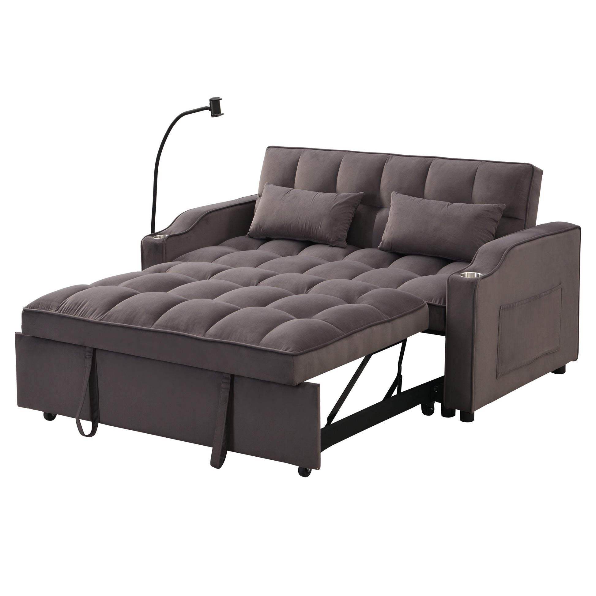 Modern Velvet Loveseat Futon Sofa with Pullout Bed, Adjustable Reclining Backrest, Toss Pillows, Dark Gray, Velvet, 70.20 inches
