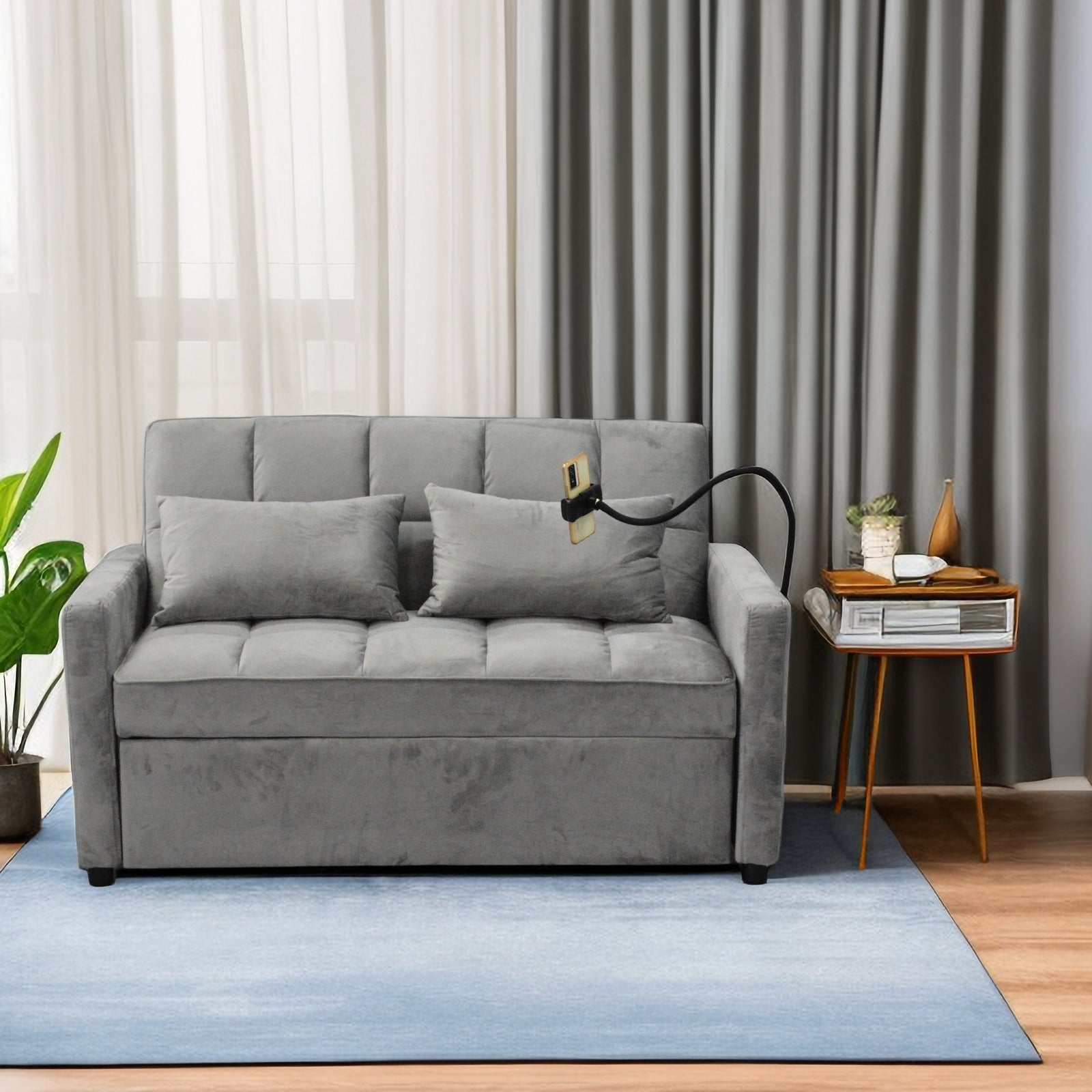 Modern Velvet Loveseat Futon Sofa Couch Pullout Bed, 55.33' Love Seat Lounge Sofa Bed with Armrest, Three USB Ports, Two Side Pockets, Two Cup Holders, and 360° Swivel Phone Holder in Grey