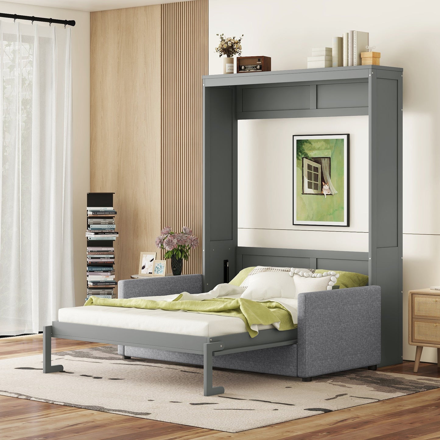Queen Size Grey Murphy Bed Wall Bed with Cushion - Space-Saving Comfort