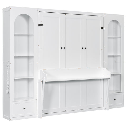 White French Style Queen Size Murphy Platform Bed with Shelf, Cabinets, and LED