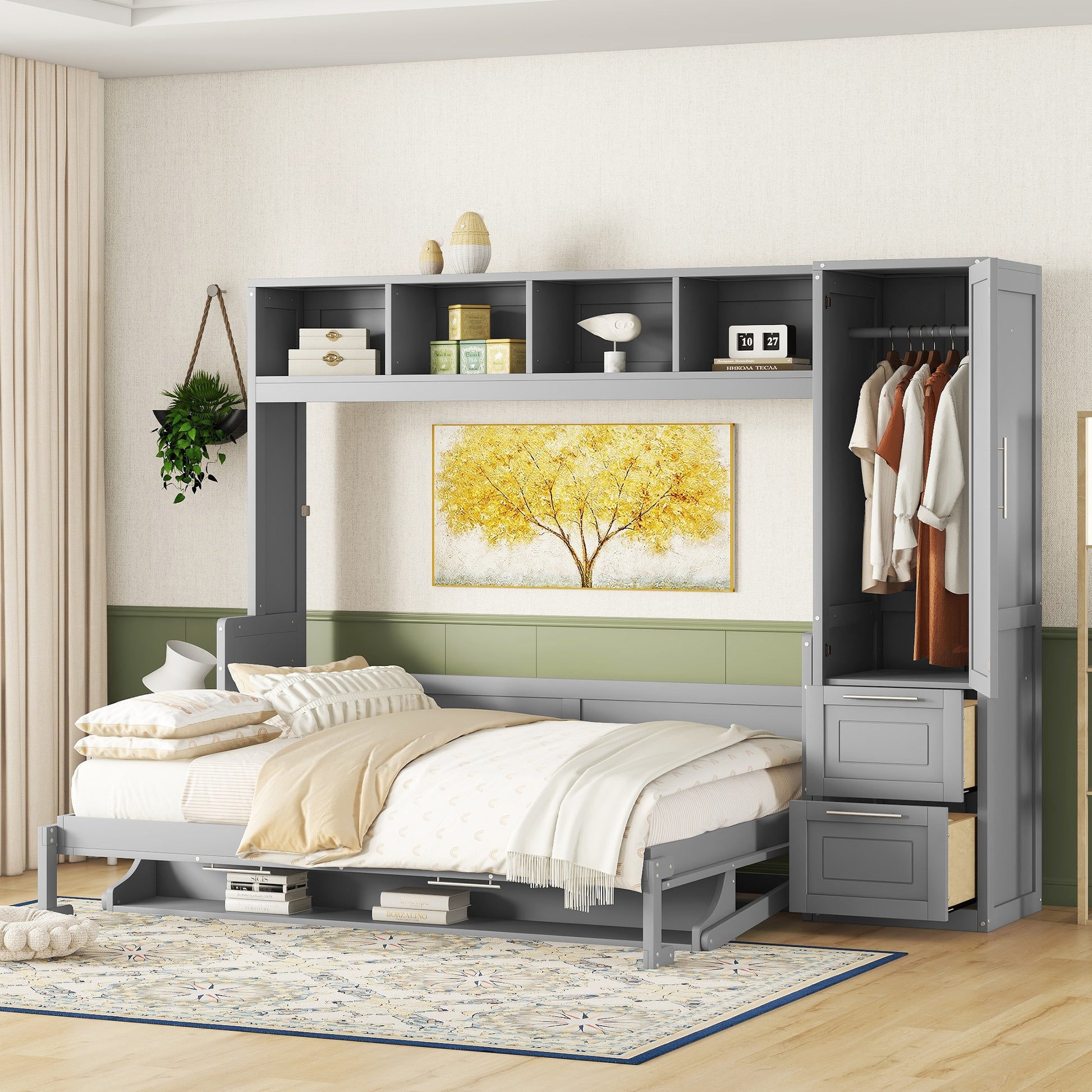 Queen Size Murphy Bed Wall Bed with Closet and Drawers, Gray – Space-Saving Design
