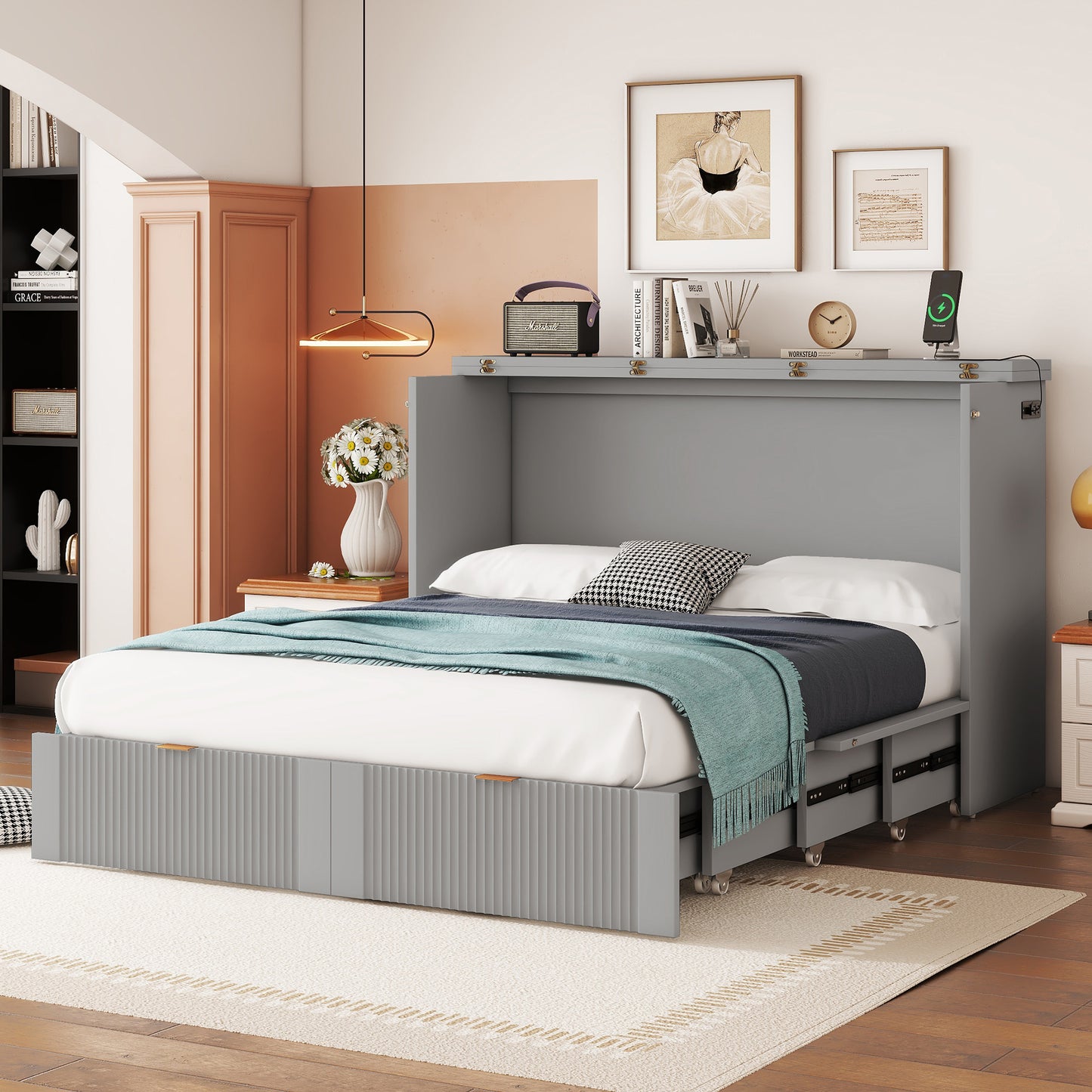 Full Size Murphy Bed with Drawer and USB Ports - Gray