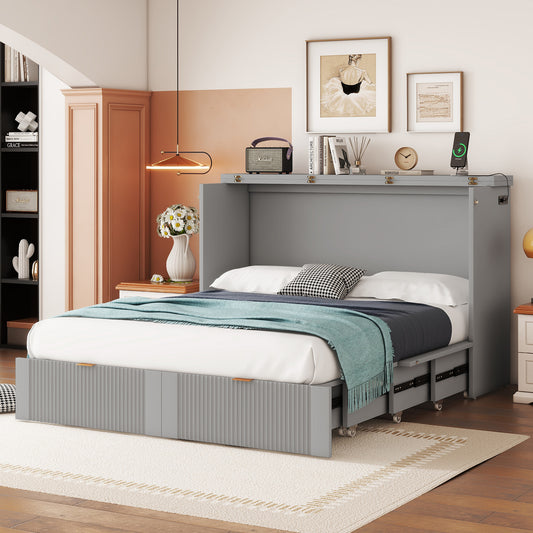 Full Size Murphy Bed with Drawer and USB Ports - Gray