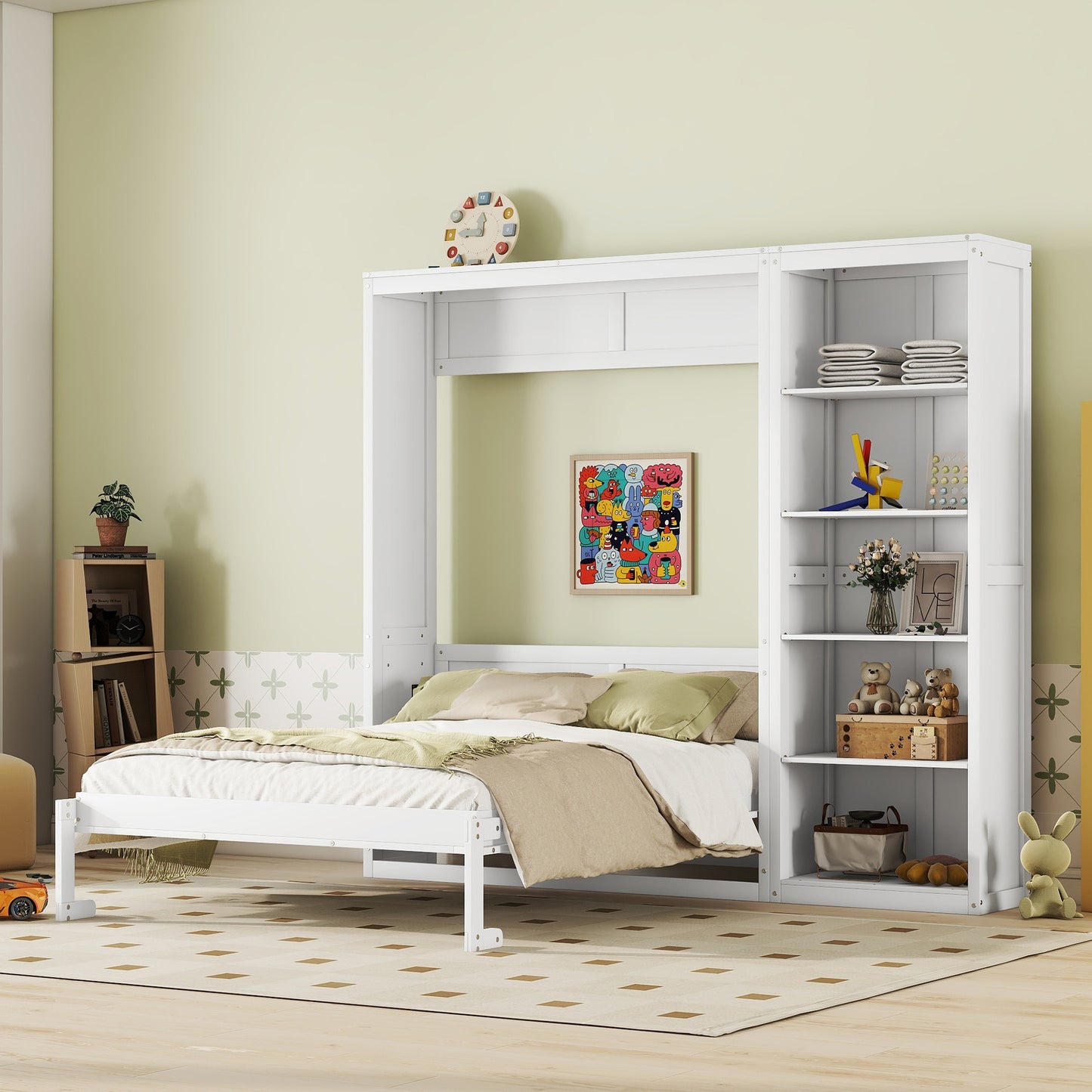 Queen Size Murphy Bed Wall Bed with Shelves, White