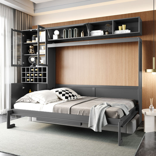Queen Size Murphy Bed Wall Bed with Sofa, Shelves, USB & Light in Gray
