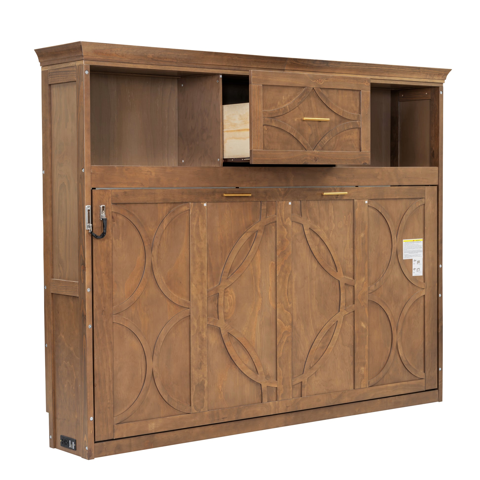 Twin Size Murphy Bed with Charging Station and Drawer in Wood Color – Solid Pine Wood + MDF