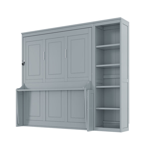 Gray Full Size Murphy Bed with Desk and Bookshelf - Space-Saving Pine Wood & MDF
