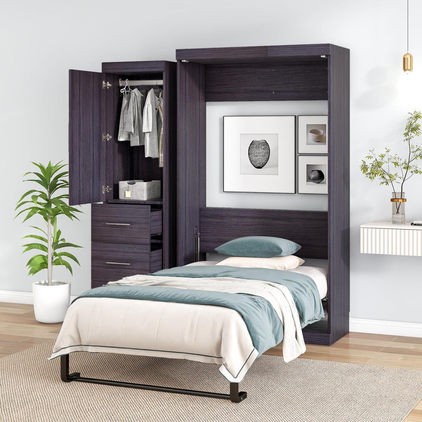 Twin Size Murphy Bed with Wardrobe and Drawers - Space Saving Furniture in Gray