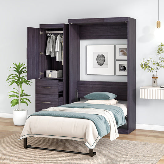 Twin Size Murphy Bed with Wardrobe and Drawers - Space Saving Furniture in Gray