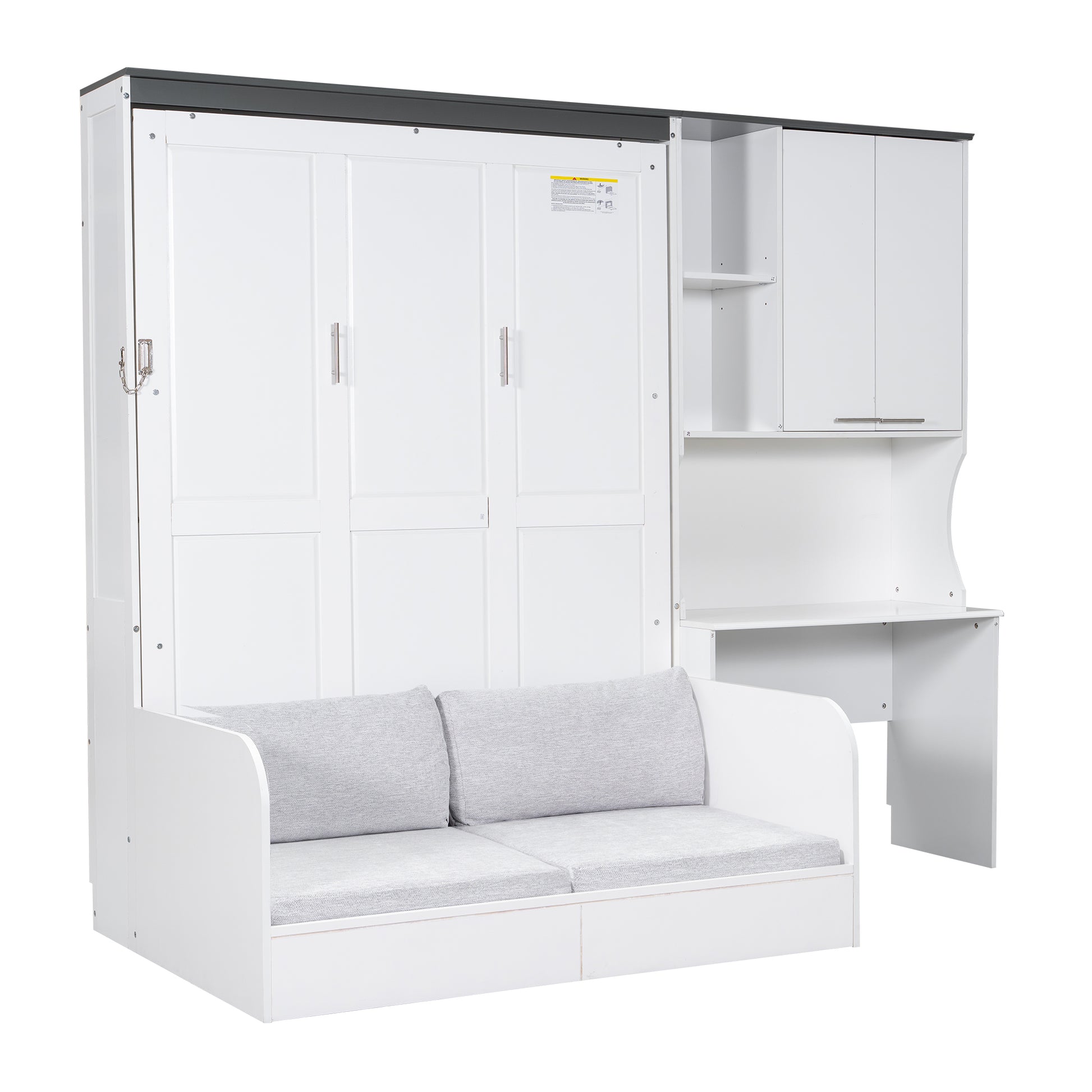 Multi-Functional Murphy Bed with Sofa, Desk, and Storage Cabinet in White – Full Size