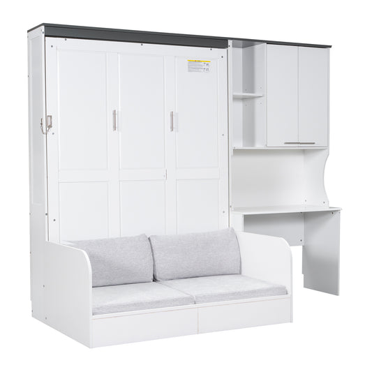 Multi-Functional Murphy Bed with Sofa, Desk, and Storage Cabinet in White – Full Size