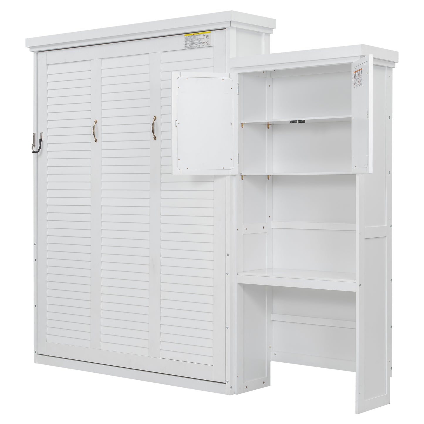White Queen Size Murphy Bed with Louvered Design and Multiple Storage Shelves, Solid Pine Wood + MDF