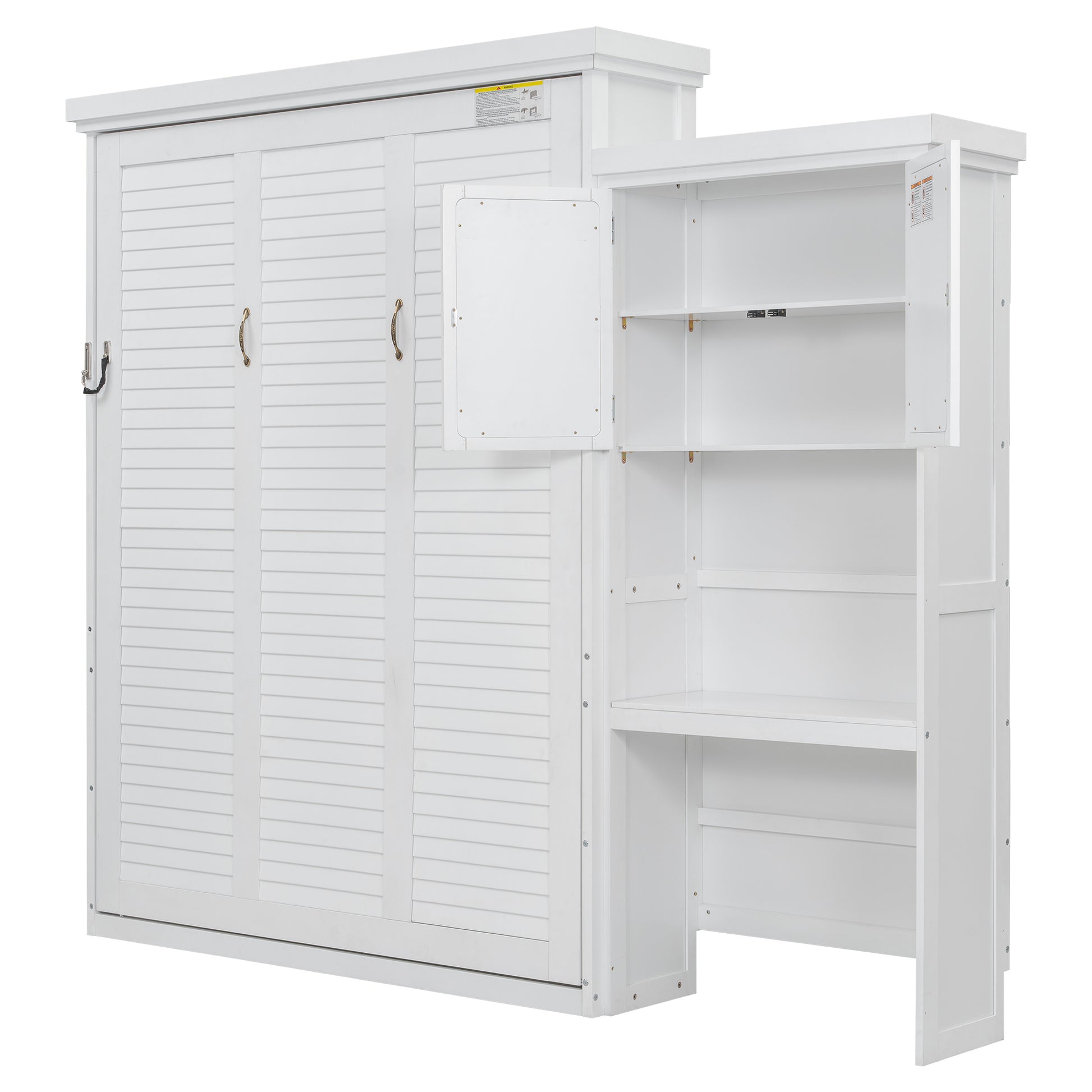White Queen Size Murphy Bed with Louvered Design and Multiple Storage Shelves, Solid Pine Wood + MDF