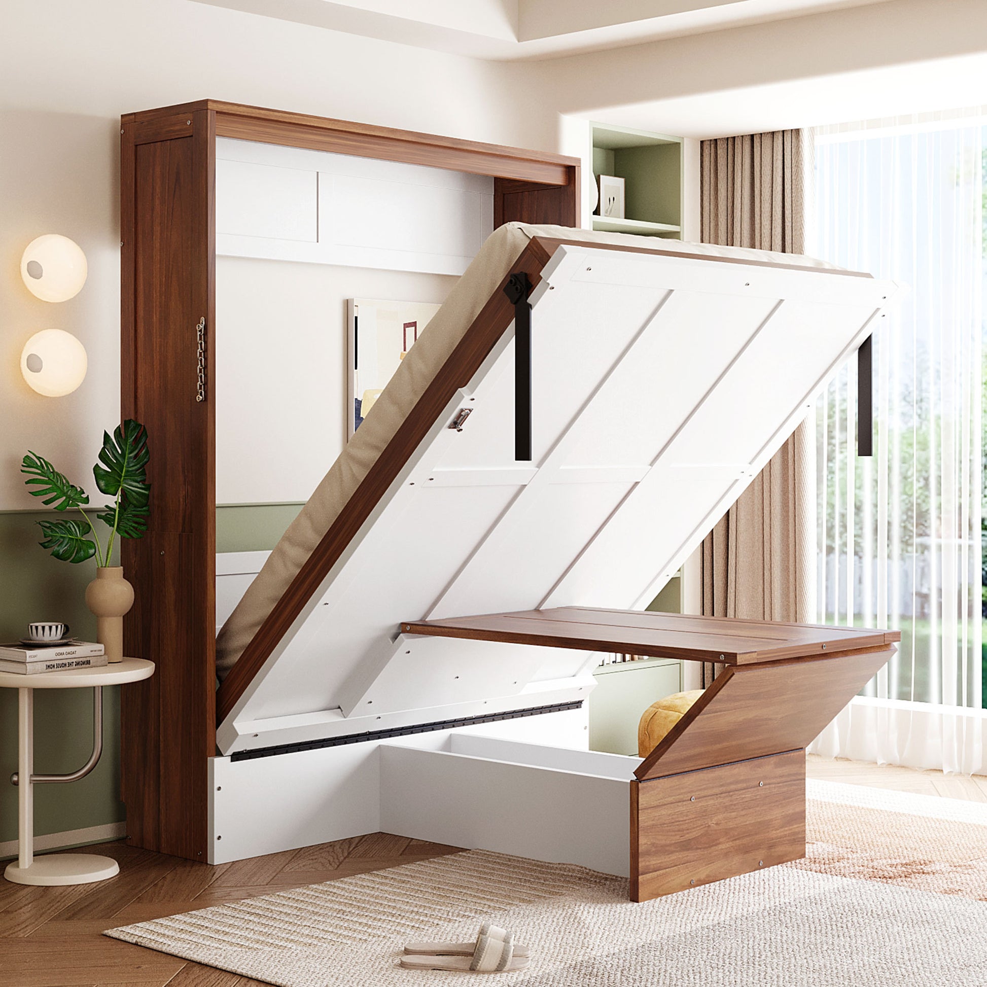 Full Size Murphy Bed with Foldable Desk – Space Saving Wall Bed in Walnut & White
