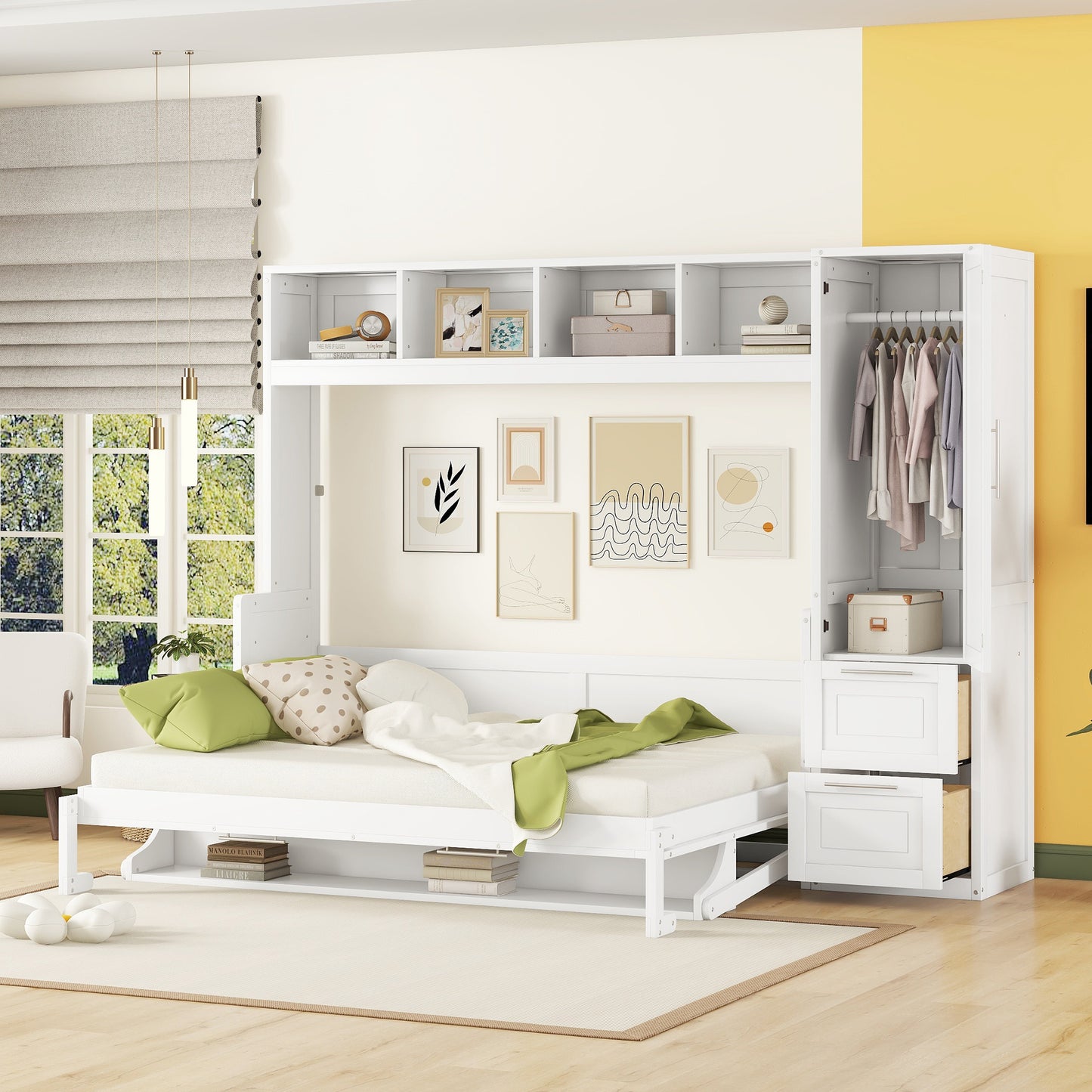 Queen Size Murphy Bed Wall Bed with Closet and Drawers, White