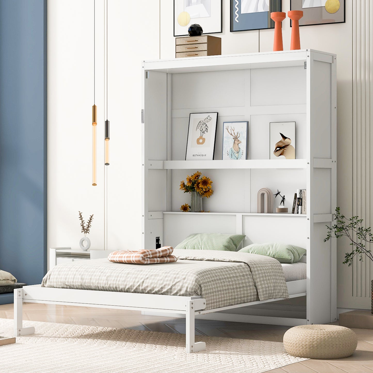 Full Size Murphy Bed Wall Bed with Shelves - White