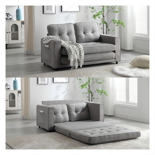 3 Fold Convertible Futon Sofa Bed - Space Saving Loveseat in Dark Gray, Light Gray & Beige