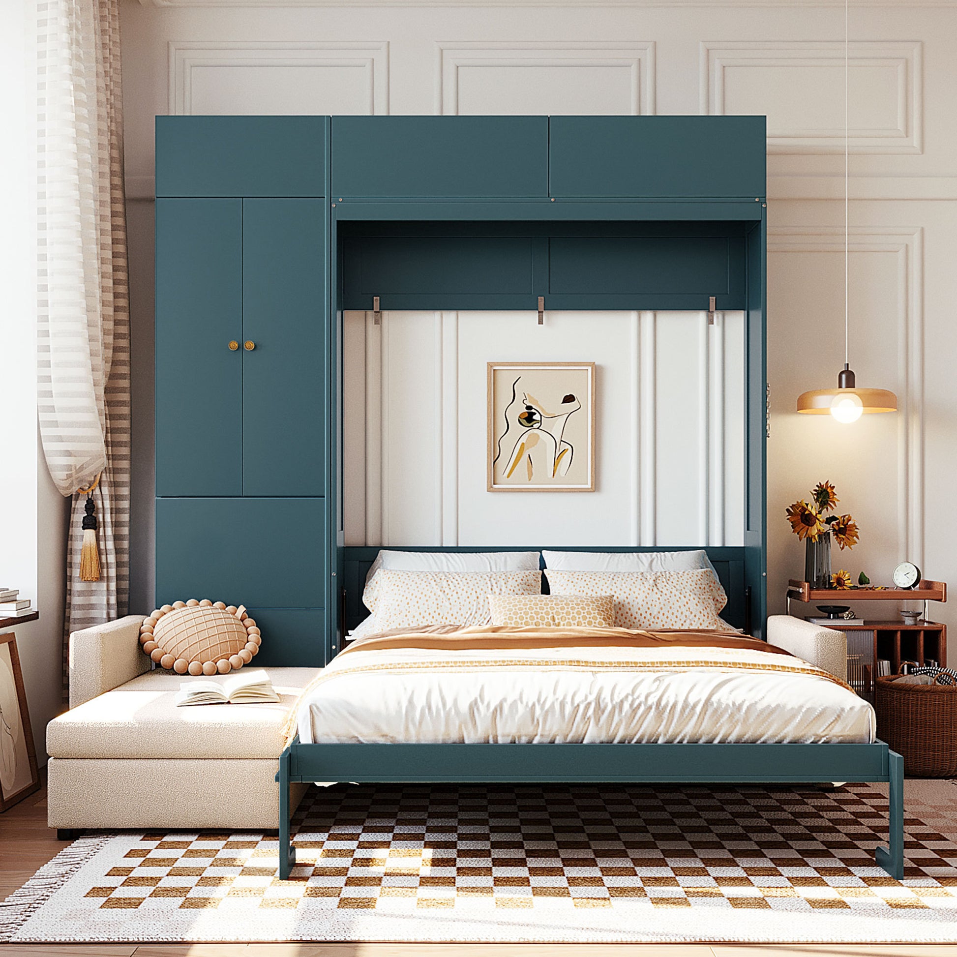 Queen Size Murphy Bed Wall Bed with Sofa and Shelves - Green Panel, Beige Sofa