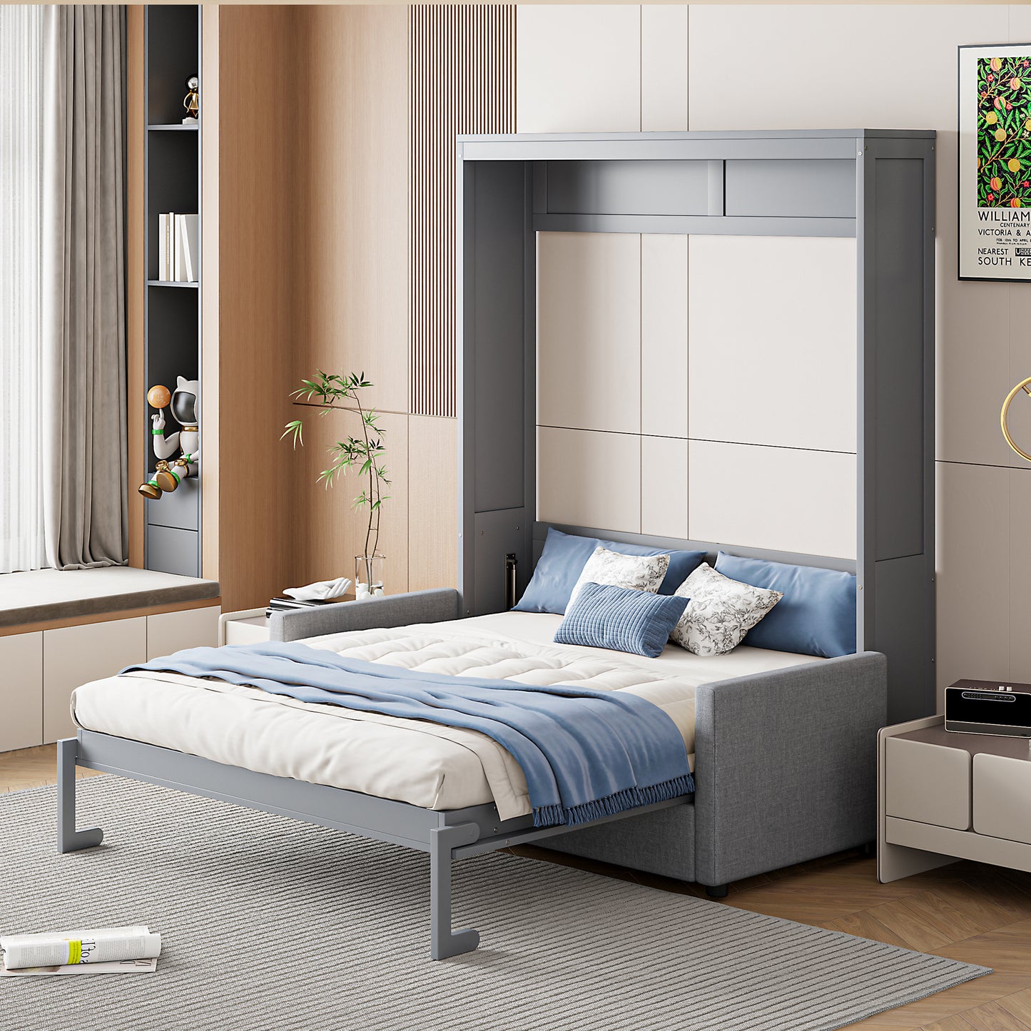 Full Size Murphy Bed Wall Bed with Cushion in Gray - Space Saving Solution for Small Apartments