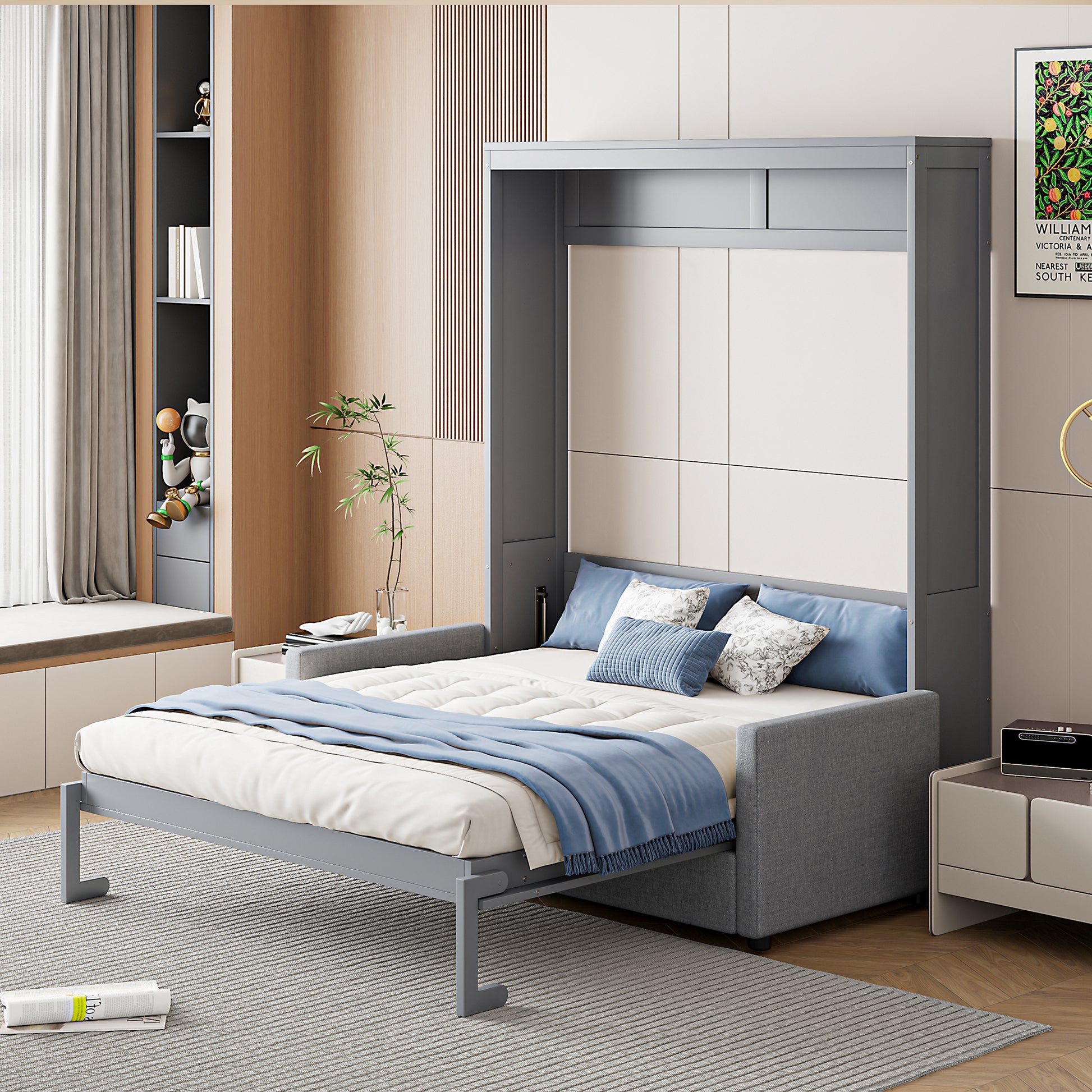 Full Size Murphy Bed Wall Bed with Cushion in Gray - Space Saving Solution for Small Apartments