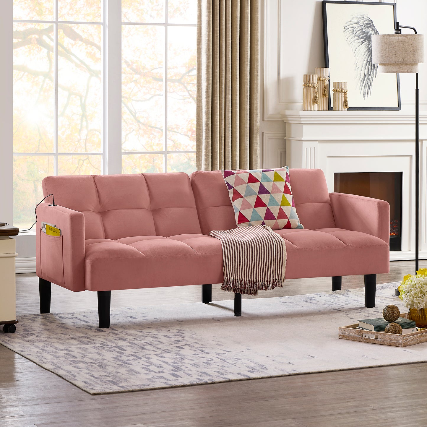 Velvet Futon Couch Convertible Folding Sofa Bed - Tufted Design for Compact Living Spaces