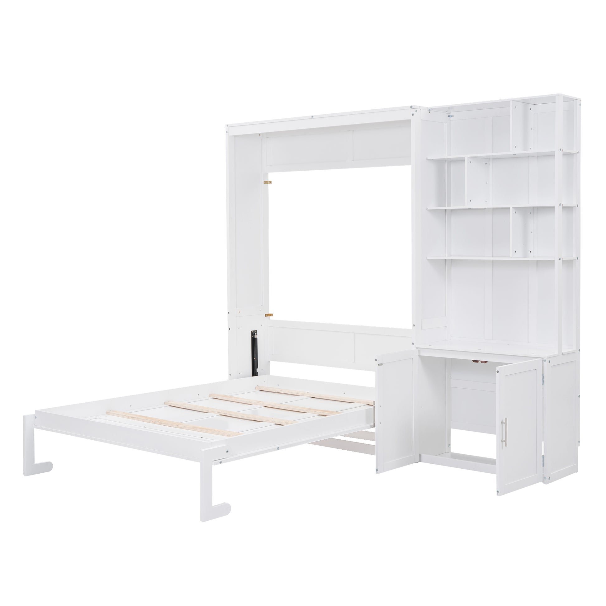 Full Size Murphy Bed with Multiple Storage Shelves and Cabinet - White