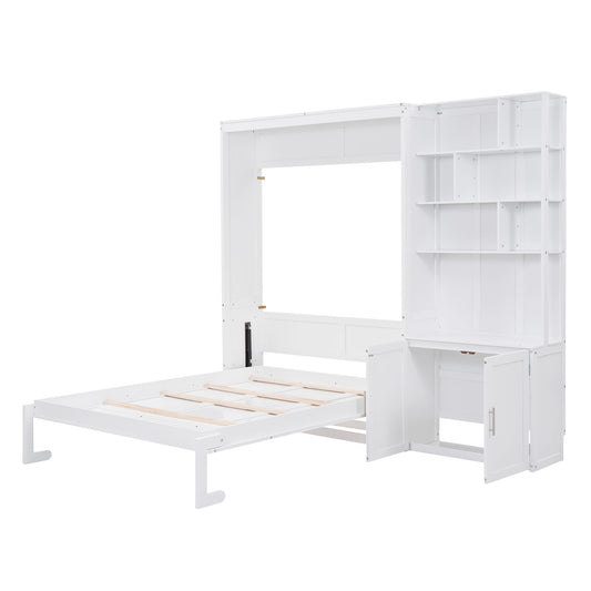 Full Size Murphy Bed with Multiple Storage Shelves and Cabinet - White