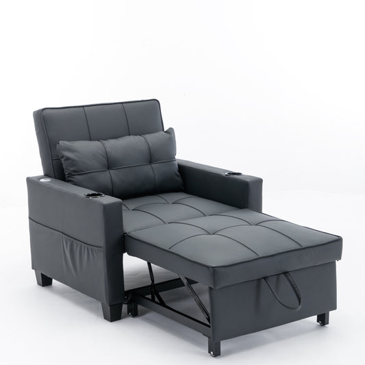 3-in-1 Convertible Futon Chair Bed with USB Ports - Black Leather