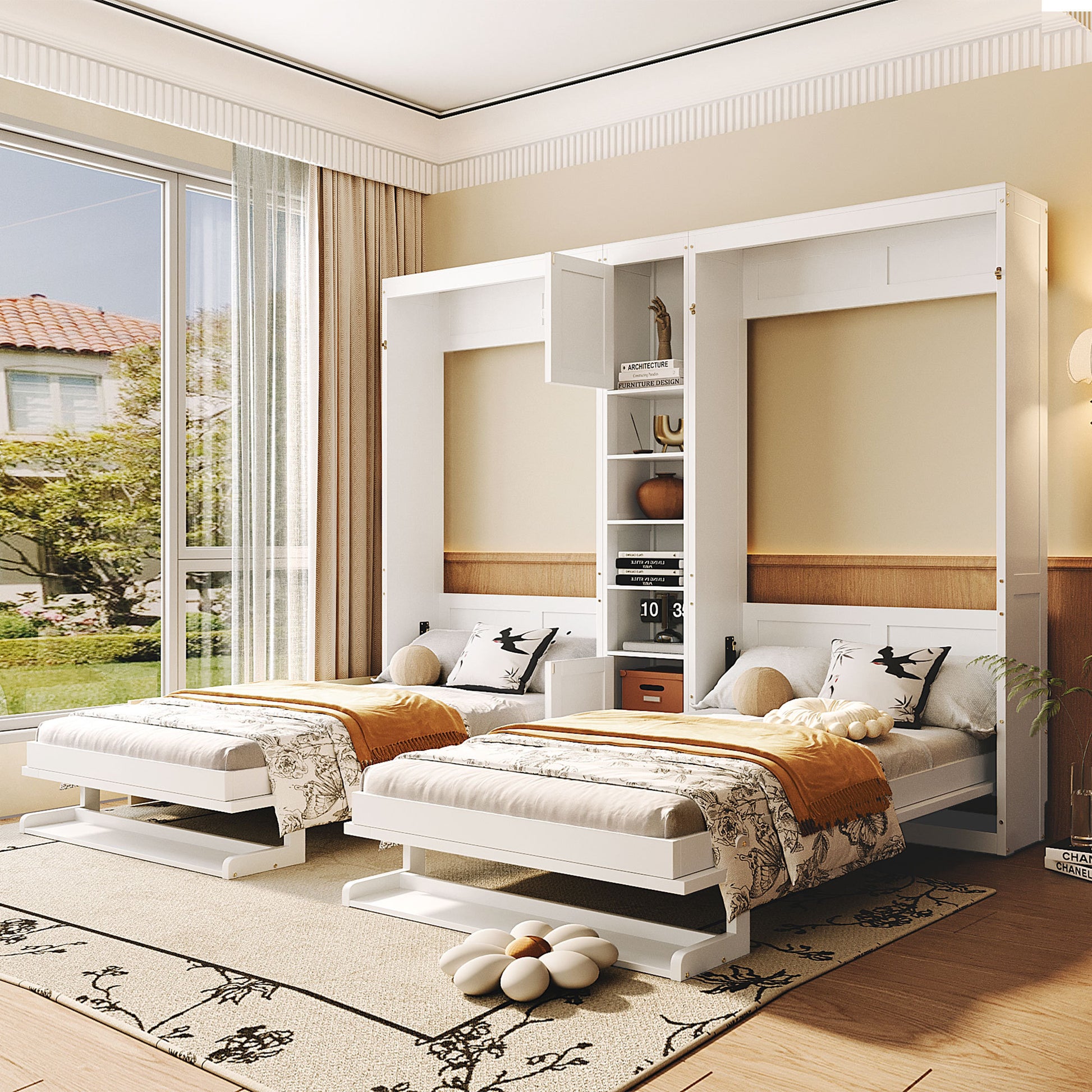 Dual Twin Size Wall Murphy Beds with Cabinets and Shelves - White