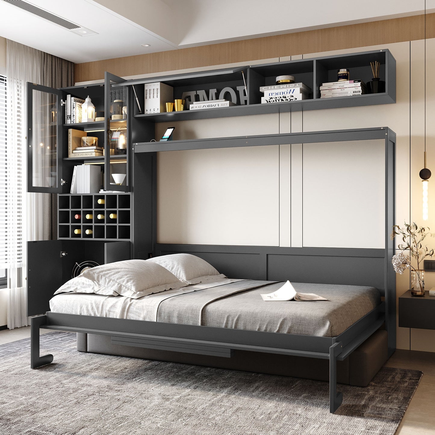 Full Size Murphy Bed Wall Bed with Sofa, Shelves, USB & Light in Gray