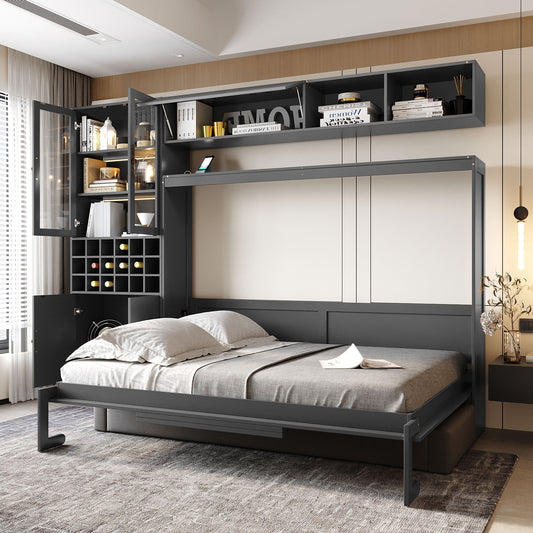 Full Size Murphy Bed Wall Bed with Sofa, Shelves, USB & Light in Gray