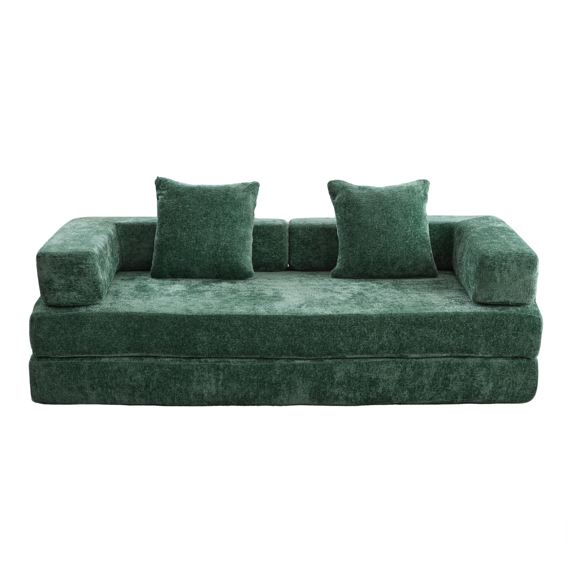 Convertible Floor Couch and Sofa Bed with Pillow Back Support - Dark Green Chenille Fabric