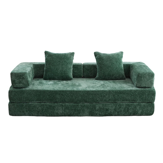 Convertible Floor Couch and Sofa Bed with Pillow Back Support - Dark Green Chenille Fabric