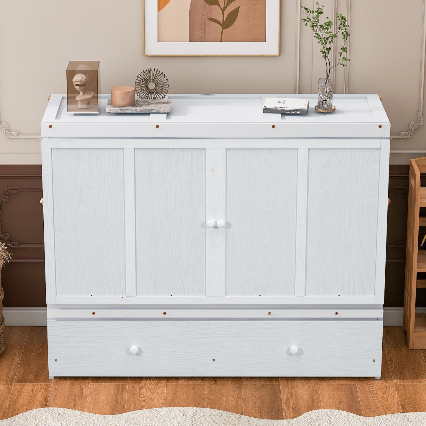 Queen Size Murphy Bed with USB Port and Large Drawer in White