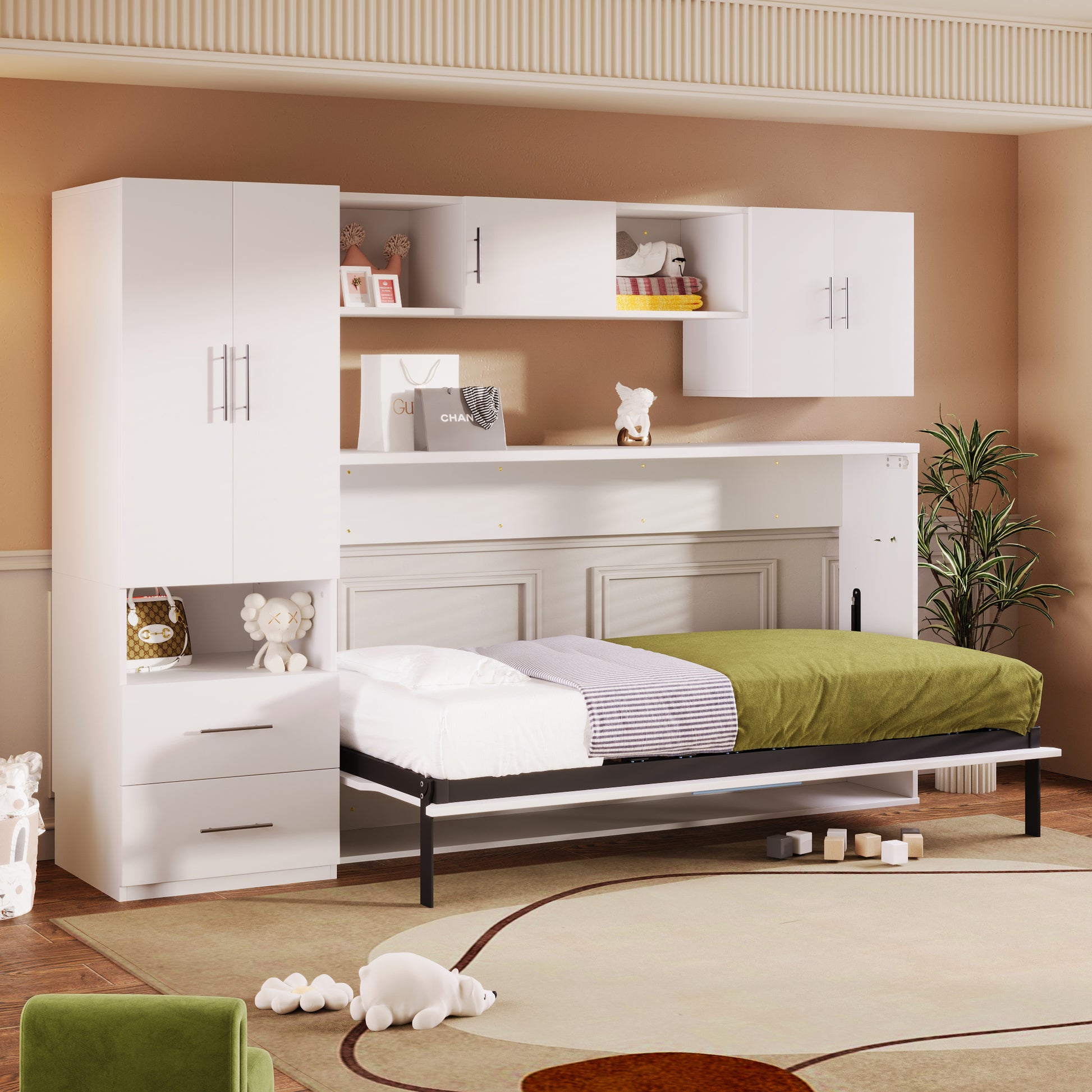 Twin Size Murphy Bed with Open Shelves and Storage Drawers, Built-in Wardrobe and Table, White