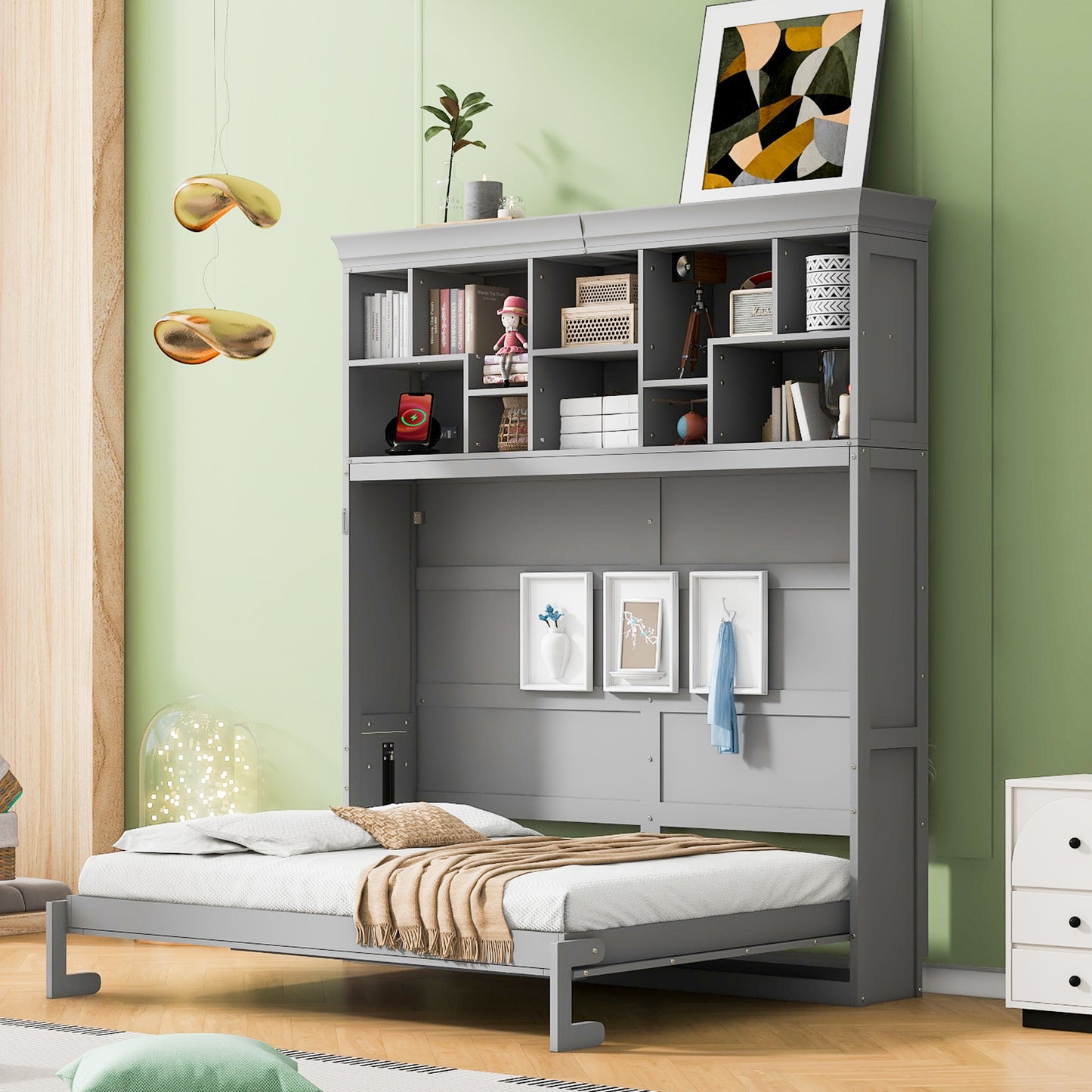 Queen Size Gray Murphy Bed Wall Bed with Top Shelves & USB - Space Saving Solution