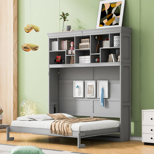 Queen Size Gray Murphy Bed Wall Bed with Top Shelves & USB - Space Saving Solution