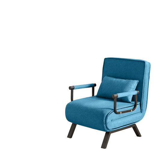 Convertible 5-in-1 Folding Chair Bed with Adjustable Backrest & Pillow in Blue Linen for Small Spaces