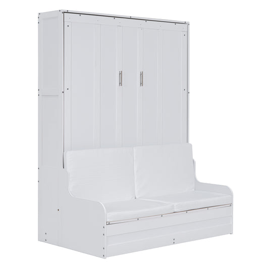 Space-Saving Queen Size Murphy Bed Wall Bed with Cushion in White MDF and Plywood