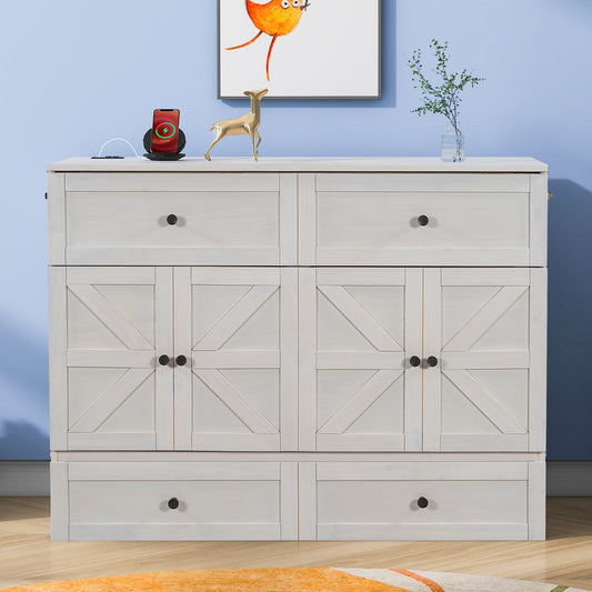 Full Size Murphy Bed with Large Drawers & USB Ports in Brushed White