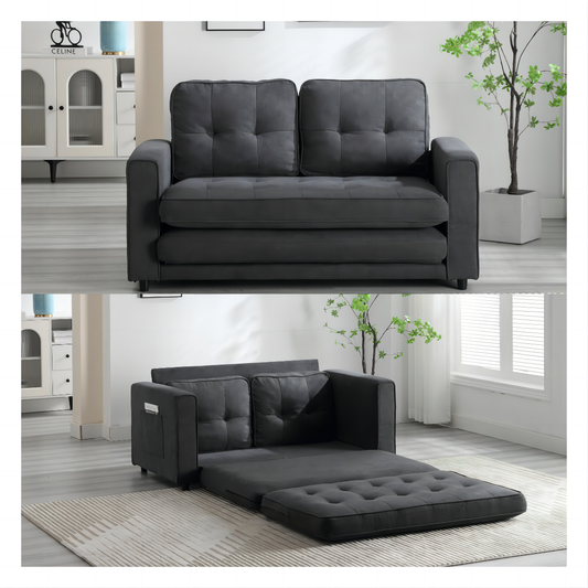 3-Fold Convertible Futon Sofa Bed - Space Saving Loveseat in Dark Gray, Light Gray & Beige Velvet