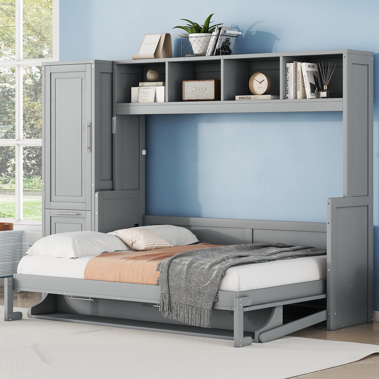 Full Size Murphy Bed Wall Bed with Closet and Drawers in Gray