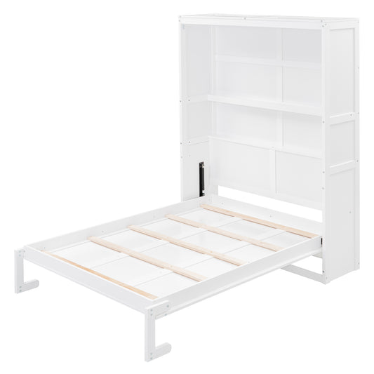 Space-Saving Full Size Murphy Bed Wall Bed with Shelves - White Plywood MDF